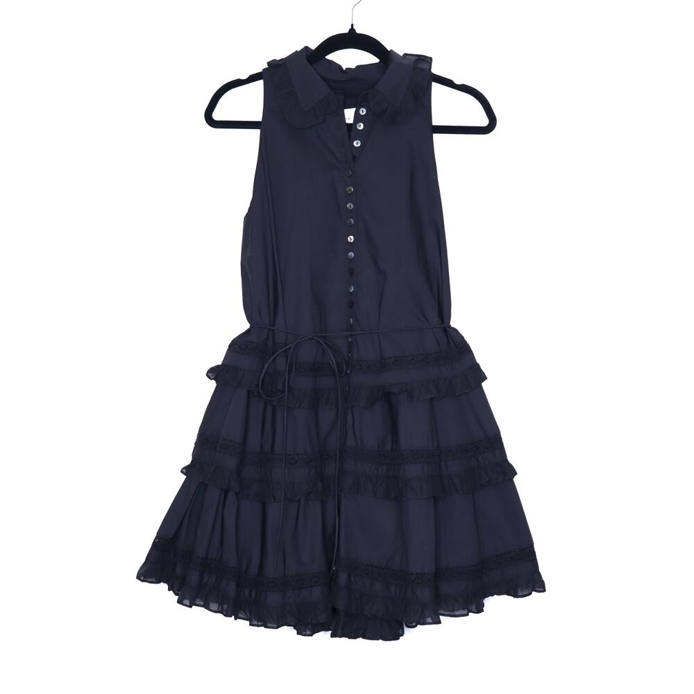 JOSLIN NEW Celia Trapeze Shirt Dress Black Organic Cotton Ruffled Lace Women's 2